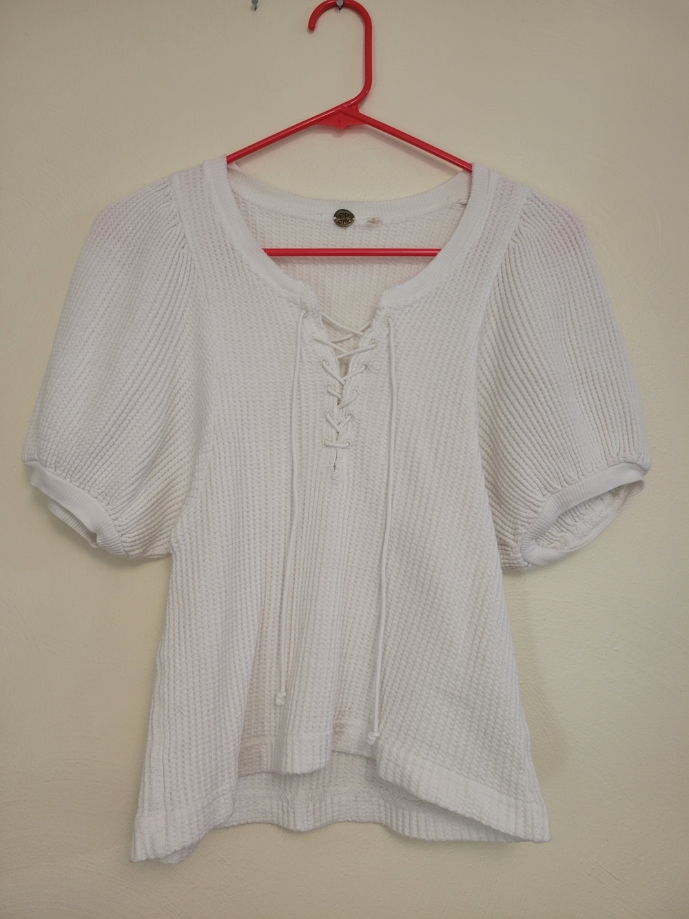 Free People White Lace-Up Puff Sleeve Knit Top